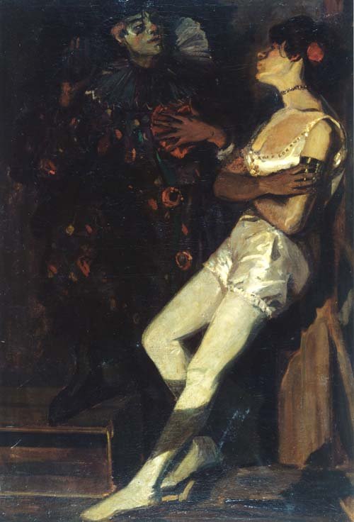 Stående kunstner og Pierrot i et mørkt rum af Amandus Faure