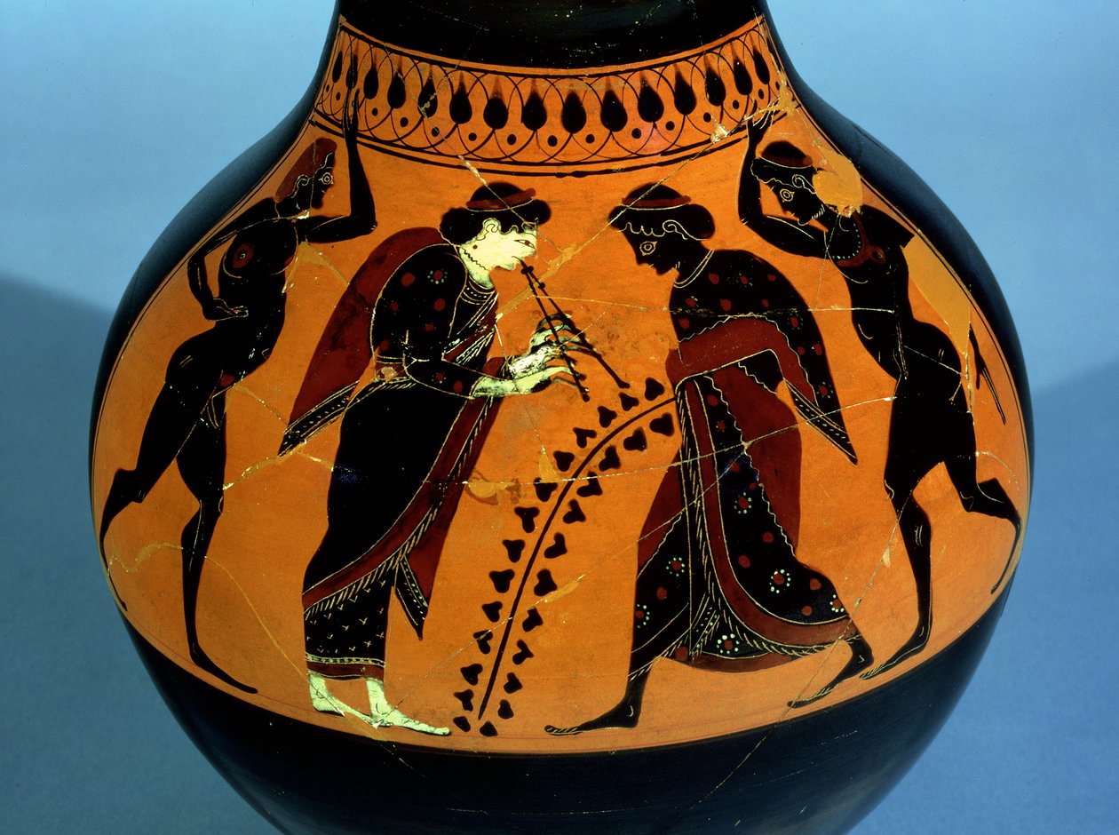 Attisk sortfiguret oinochoe dekoreret med en scene af et drikkeparty med dansere og en kvinde, der spiller på et rørfløjteinstrument (keramik) af Amasis Painter