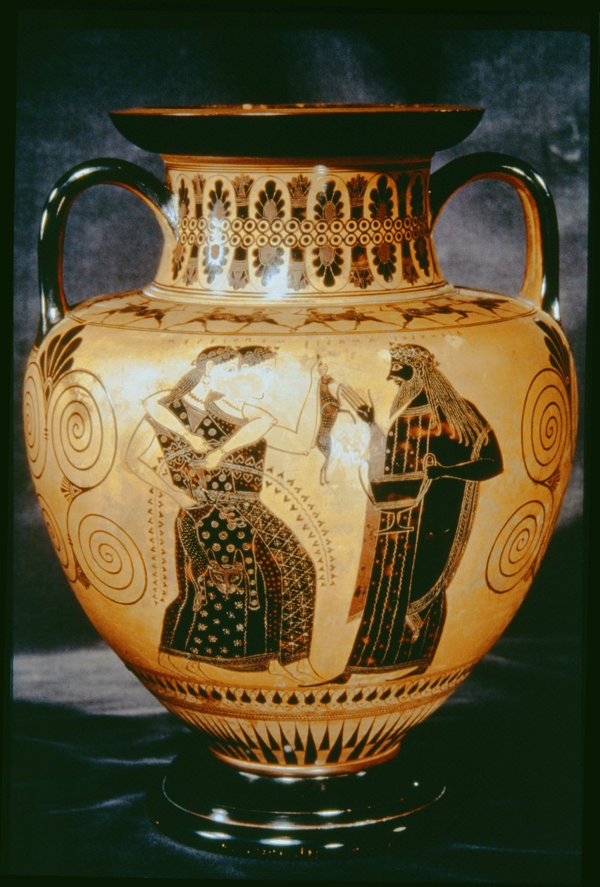 Attisk sort figuramfora, der skildrer en dionysisk scene, 540-530 f.Kr. (lertøj) af Amasis Painter