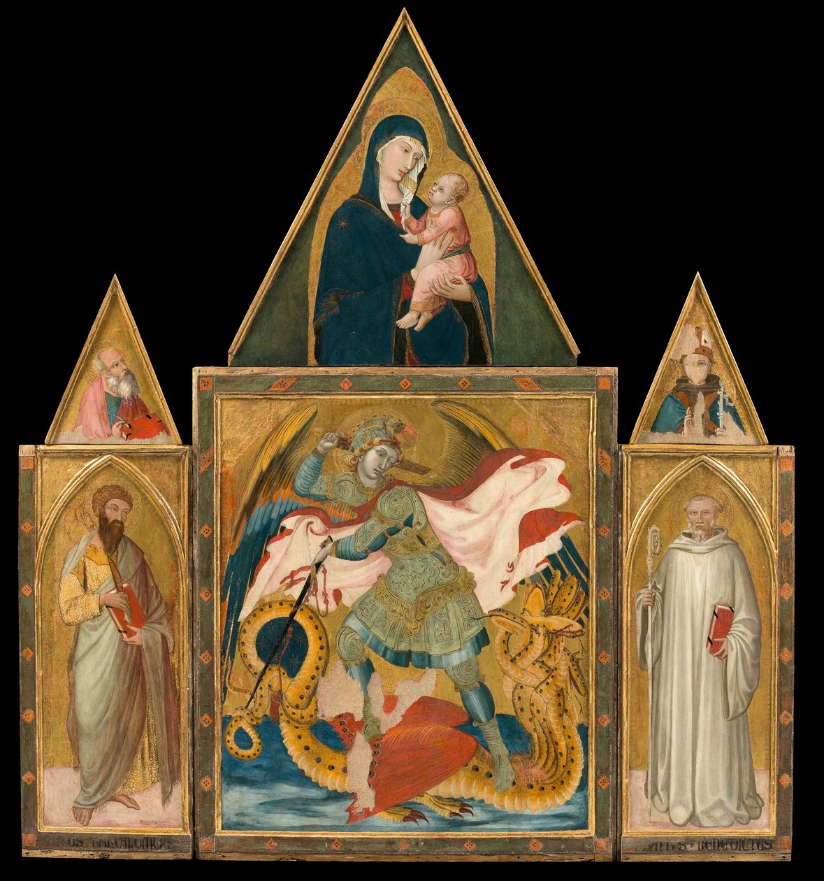 Ambrogio Lorenzetti - Rofeno Abbey Poliptykon. Den hellige erkeengel Michael dræber dragen mellem de hellige Bartholomæus af Ambrogio Lorenzetti