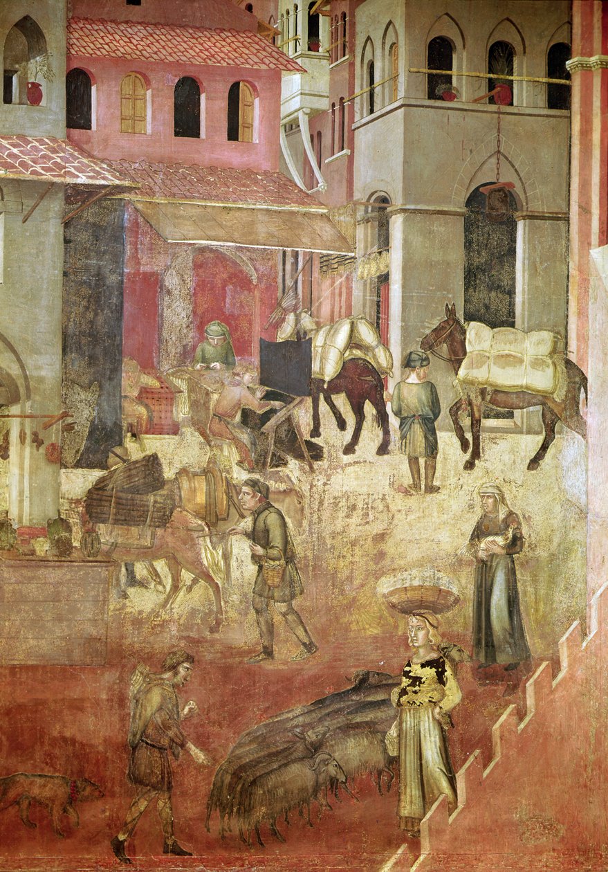 Virkninger af god regering i byen, detaljer fra Allegory and Effects of Good and Bad Government på by og land, æsler, der bærer varer, tekstilvævere, en hyrde og hans flok, 1337-9, af Ambrogio Lorenzetti