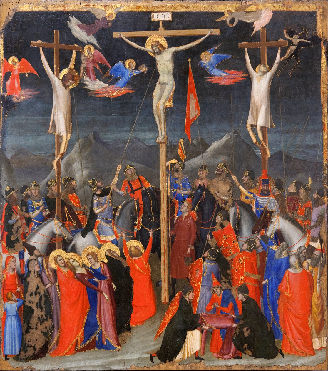 Korsfæstelsen - På siderne, repræsentation af den gode tyv (også kaldet Saint Dismas (eller Dysmas, Dimas, Dumas) og den onde tyv (Gesmas eller Gestas), to tyve korsfæstet med Jesus Kristus - Inskription INRI (I N R I) på korset - Maleri af Gio af Ambrogio Bondone (workshop) Giotto
