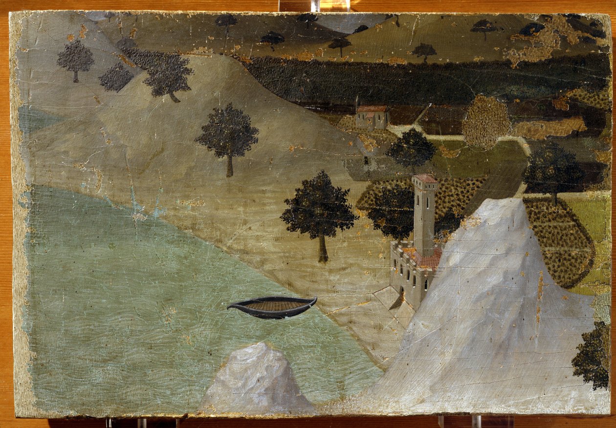 Et slot stående ved en sø - tempera på panel af Ambrogio Lorenzetti
