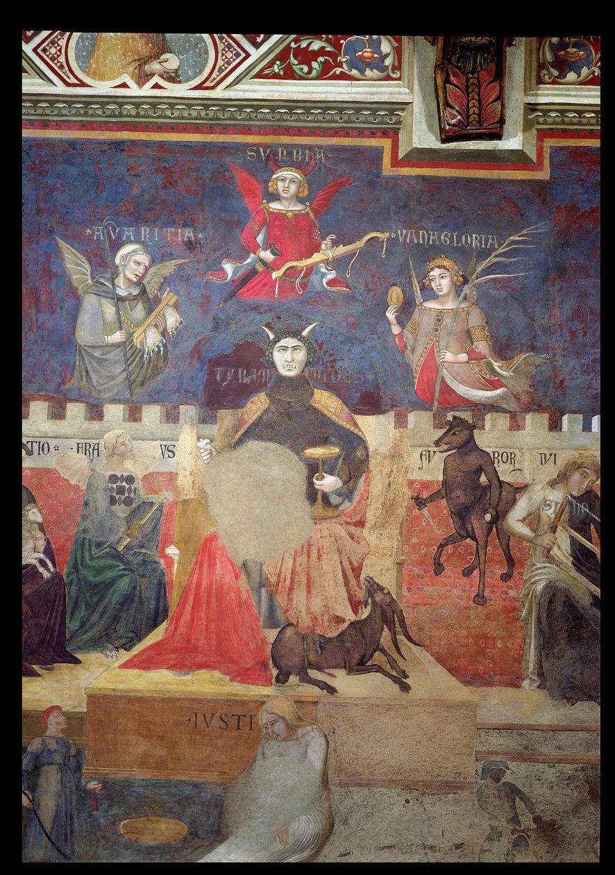 Allegori om dårlig regering, detaljer om grådighed, stolthed, forfængelighed, tyranni, bedrageri og vrede, 1338-40 af Ambrogio Lorenzetti
