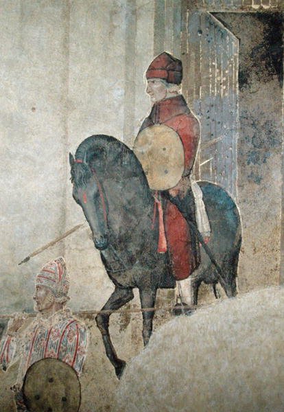 Allegory of Bad Government, detalje af en bevæbnet rytter af Ambrogio Lorenzetti