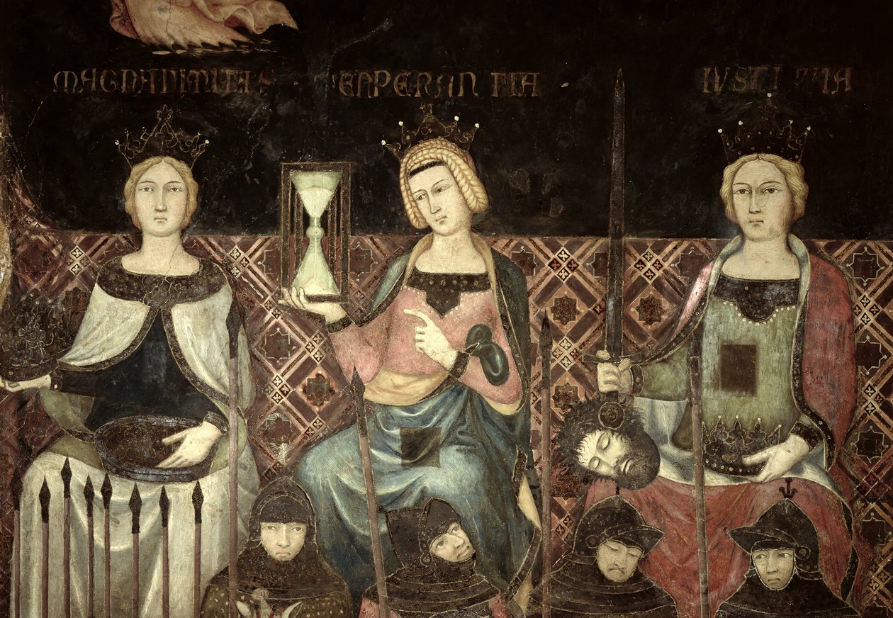 Allegori om god regering, detalje om retfærdighed, håb og storhed, 1338-40 af Ambrogio Lorenzetti
