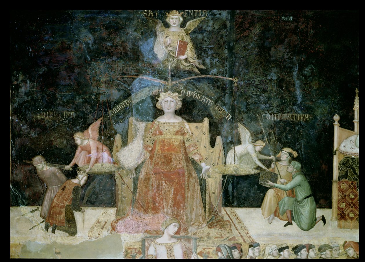 Allegori over god regeringsførelse, detalje af retfærdighed inspireret af visdom, 1338-40 af Ambrogio Lorenzetti