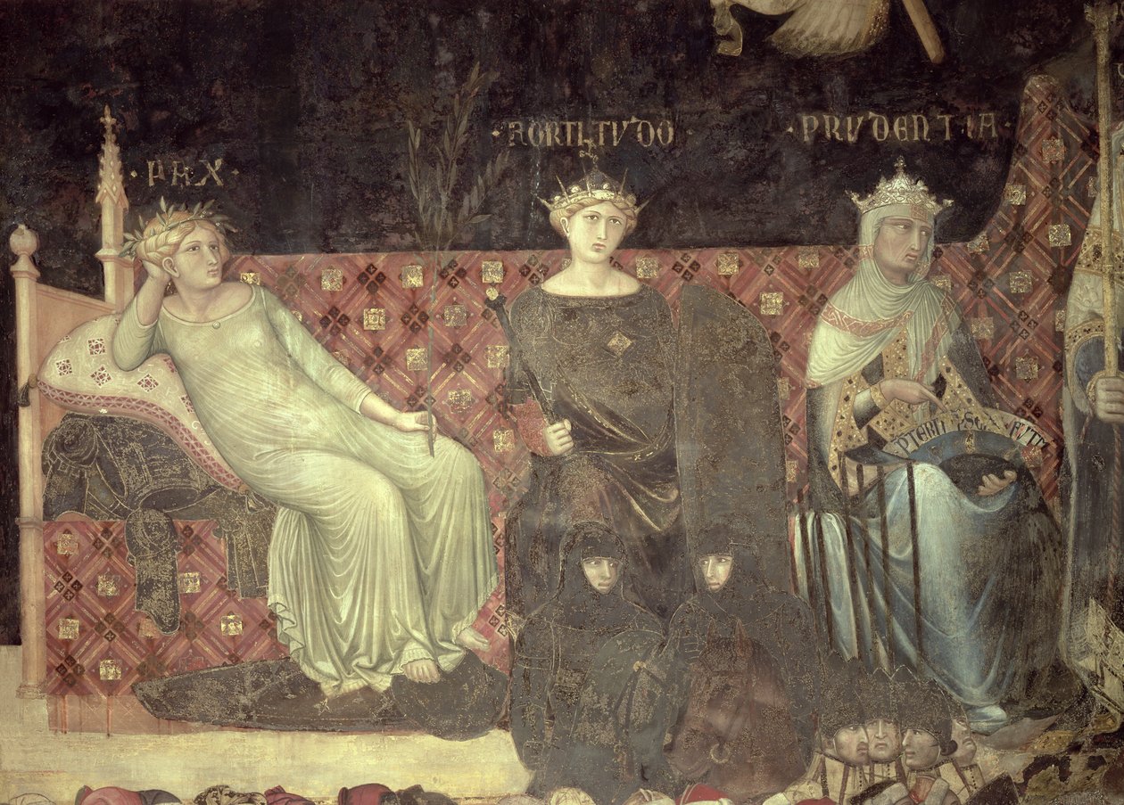 Allegori om god regering, detalje om fred, styrke og forsigtighed, 1338-40 af Ambrogio Lorenzetti