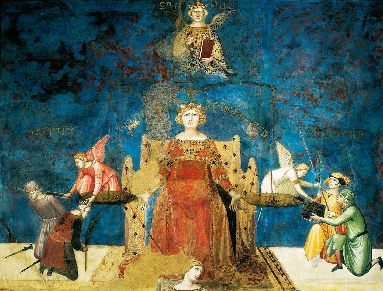 Allegori om god regering, visdom og retfærdighed, detaljer fra allegori og virkninger af god og dårlig regering i by og land af Ambrogio Lorenzetti