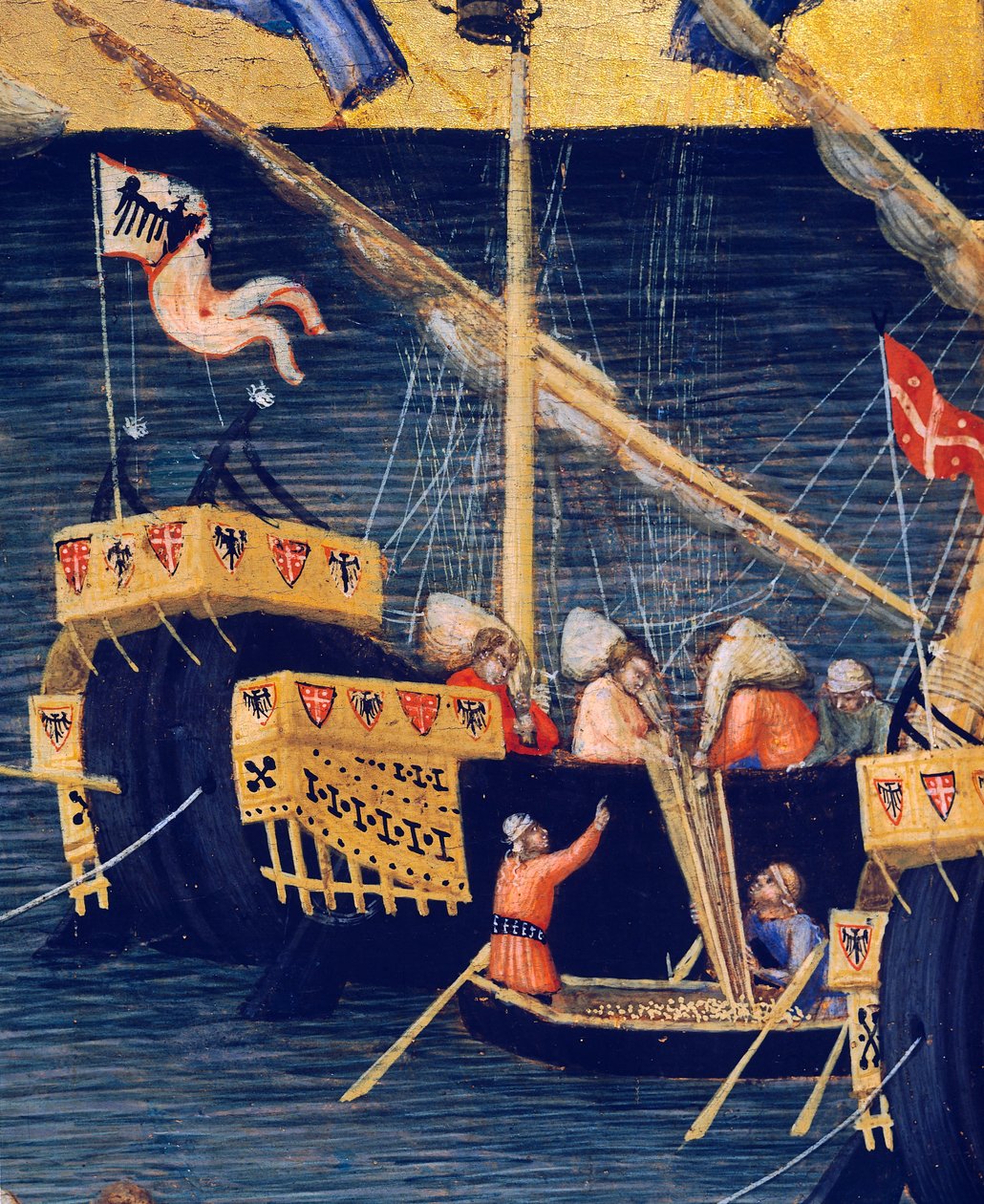 Både, detaljer fra hvedemirakel, mirakler fra St. Nicholas af Bari af Ambrogio Lorenzetti