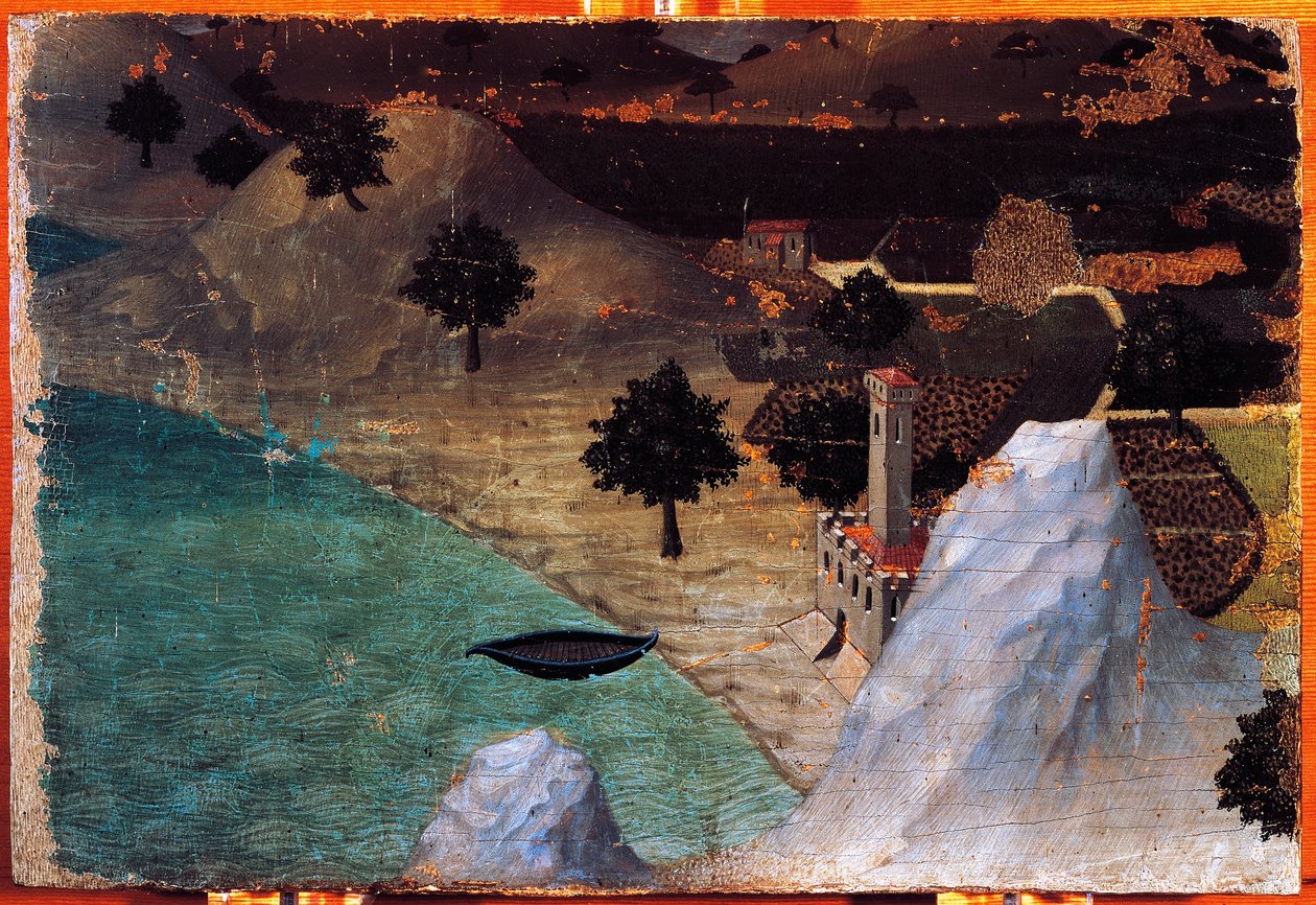 Slottet ved søen, af Ambrogio Lorenzetti (1319-1347), maleri på træ, 22x33 cm. af Ambrogio Lorenzetti