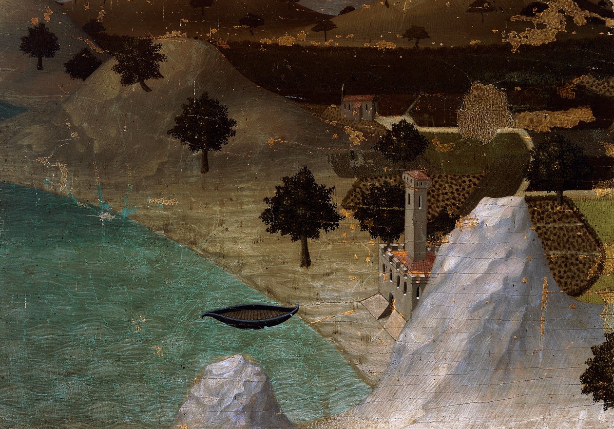 Borg på søens bred, af Ambrogio Lorenzetti (1290-ca 1348), Tempera på træ, 22,5x33 cm af Ambrogio Lorenzetti