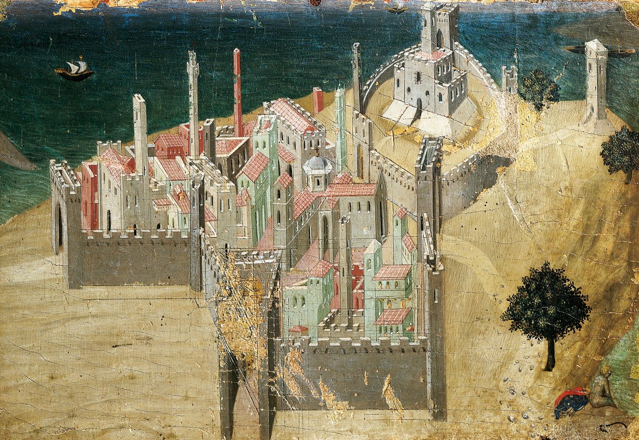 By ved havet, af Ambrogio Lorenzetti (1290-ca 1348) Tempera og guld på træ, 22,5x33,5 cm af Ambrogio Lorenzetti