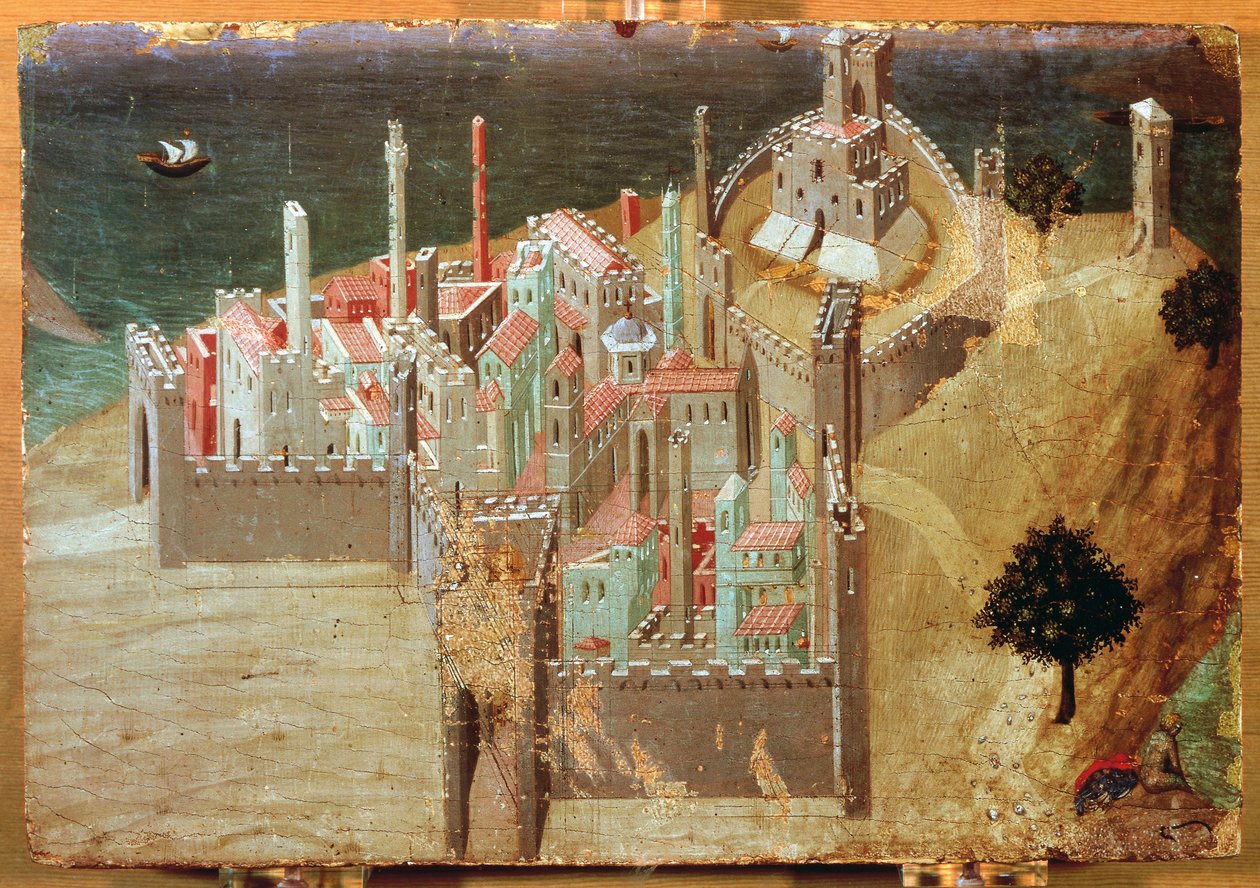 By ved havet, af Ambrogio Lorenzetti (1285-1348), maleri på træ, 22x33 cm. af Ambrogio Lorenzetti