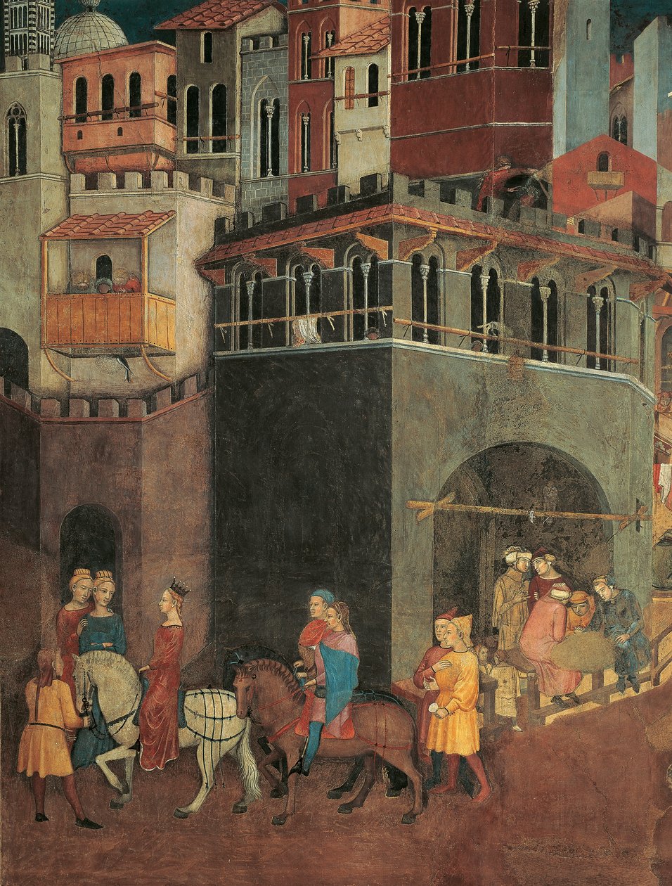 Virkningerne af god regering i byen, procession af adel på gaderne i byen, detaljer om allegori og virkninger af god og dårlig regering på by og land af Ambrogio Lorenzetti
