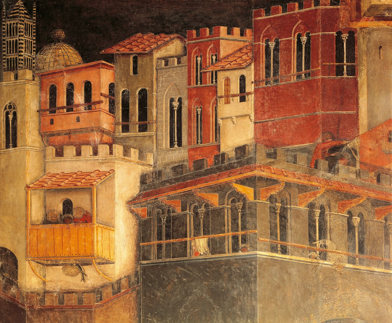 Effekter af god regering i by, huse, detaljer fra Allegory og virkninger af god og dårlig regering i by og land af Ambrogio Lorenzetti (aktiv 1285-1348), fresco, detaljer Hall of Peace, Palazzo Publico, Siena af Ambrogio Lorenzetti