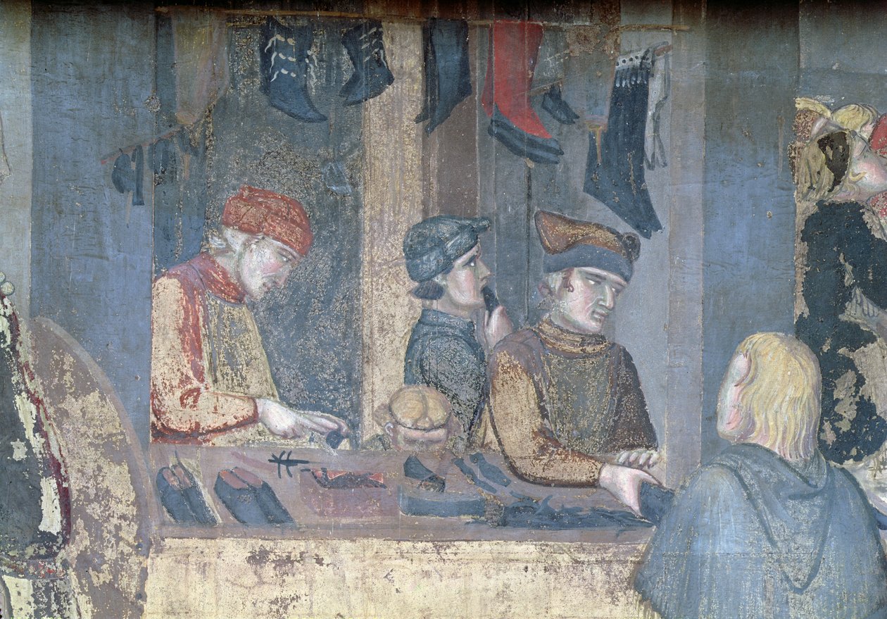 Virkninger af god regering i byen, detalje af en købmand og håndværkere i skomagerens butik af Ambrogio Lorenzetti
