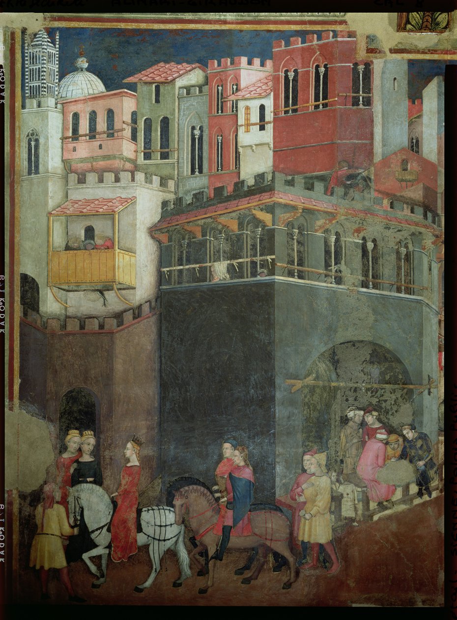 Virkninger af god regering i byen, detaljer om arkitektur og borgere, 1338-40 af Ambrogio Lorenzetti