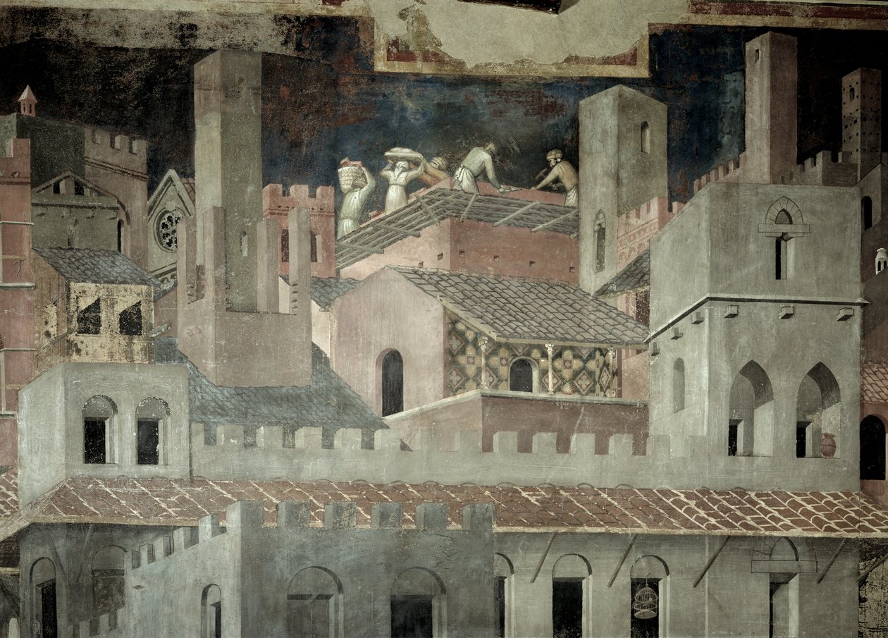 Effekter af god regering i byen, detaljer om arkitektur og konstruktion af et hus af Ambrogio Lorenzetti