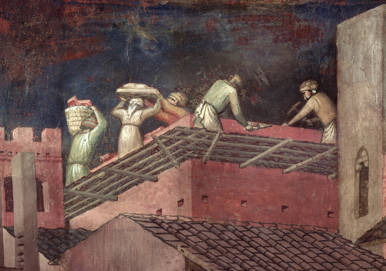 Effekter af god regering i byen, detaljer om arbejdere, der bygger et hus af Ambrogio Lorenzetti