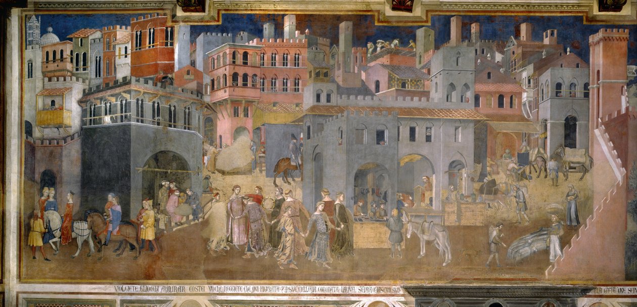Virkningerne af god regering i byen Cyklus af freskomalerier Allegorien om den gode og dårlige regering, 1338-1339 af Ambrogio Lorenzetti
