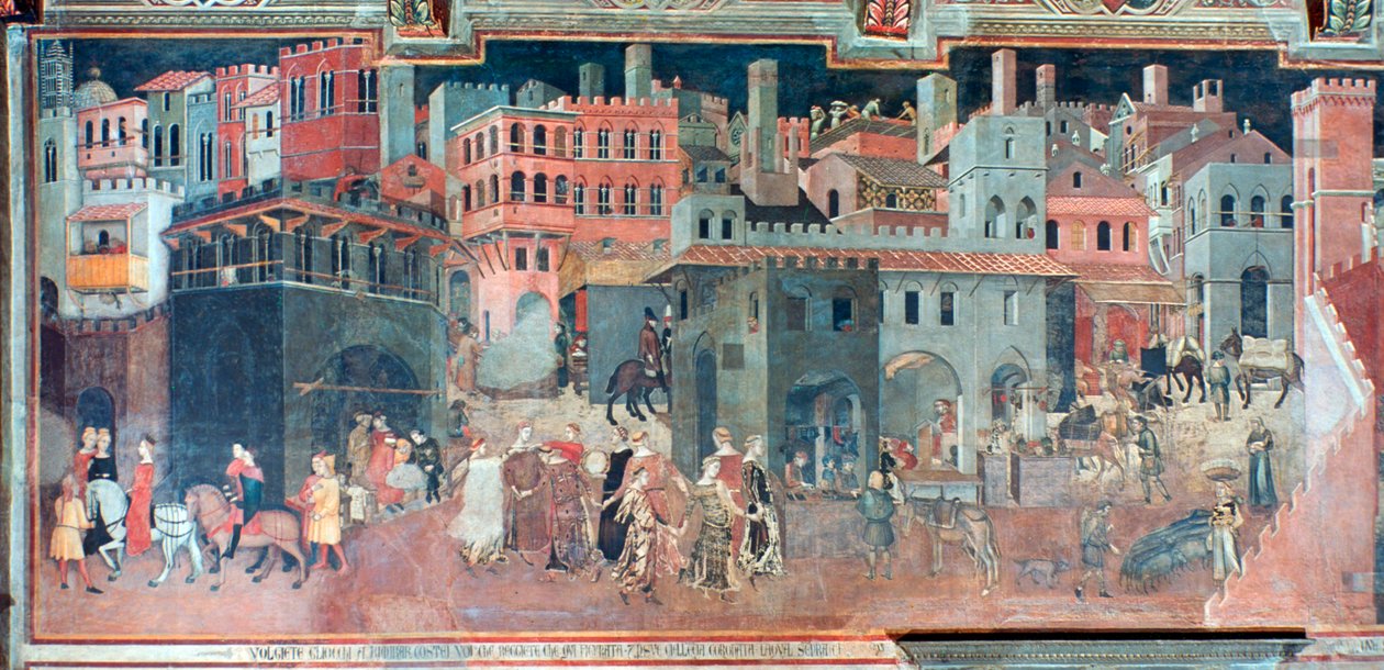 Effekter af god regering på bylivet, detaljer, c1330 af Ambrogio Lorenzetti