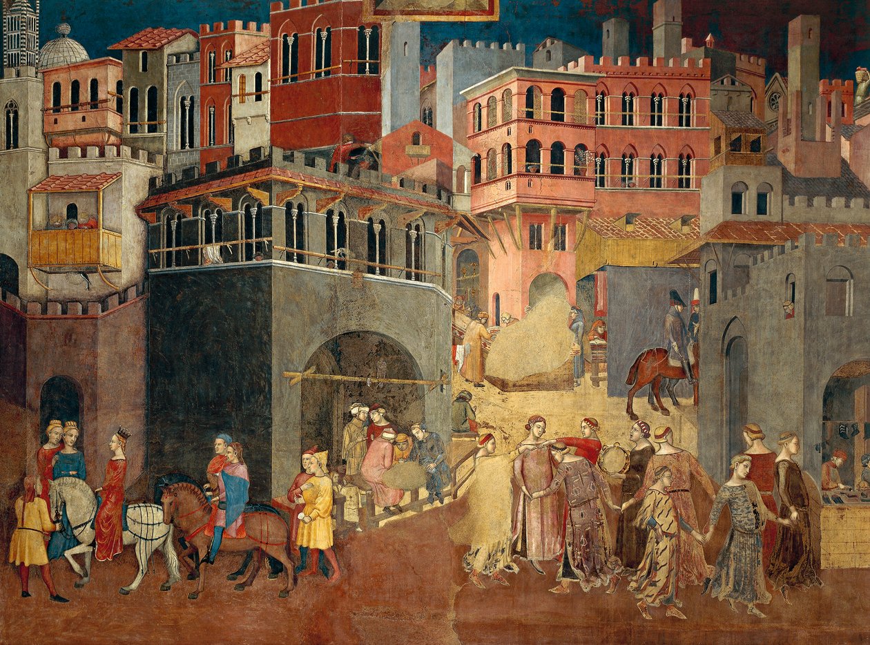Effekter af god regering i by, detaljer fra Allegory og effekter af god og dårlig regering i by og land af Ambrogio Lorenzetti