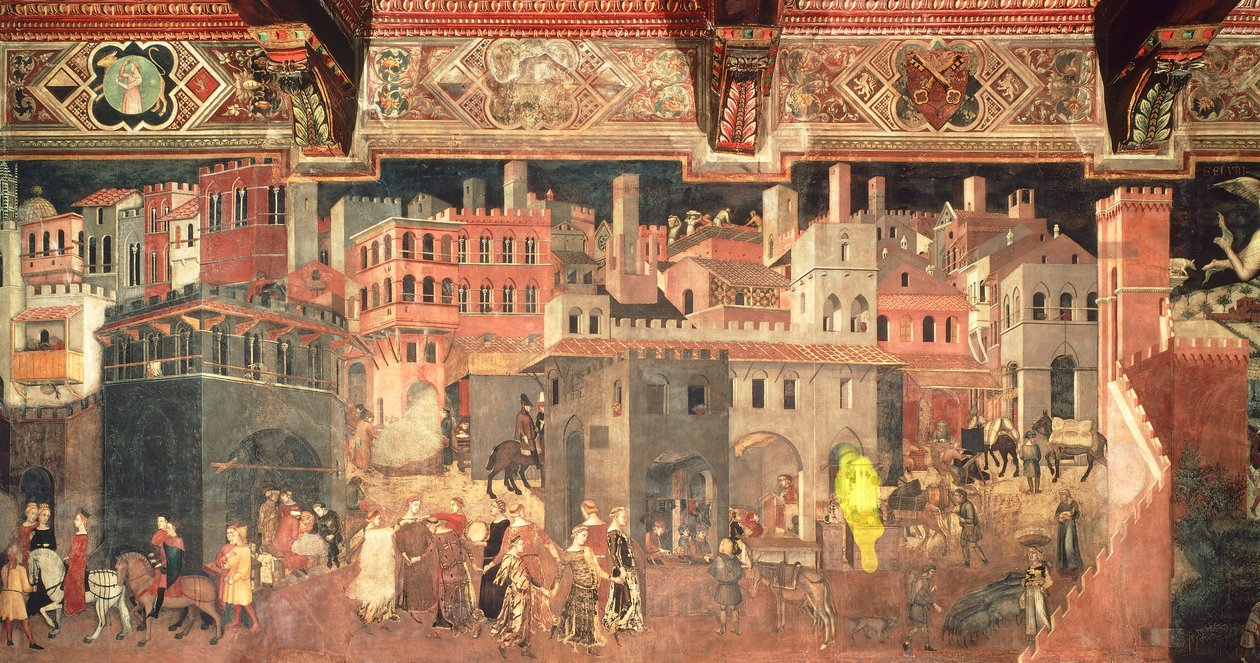 Effekter af god regering i by, detaljer fra allegorien og virkninger af god og dårlig regering i by og land af Ambrogio Lorenzetti