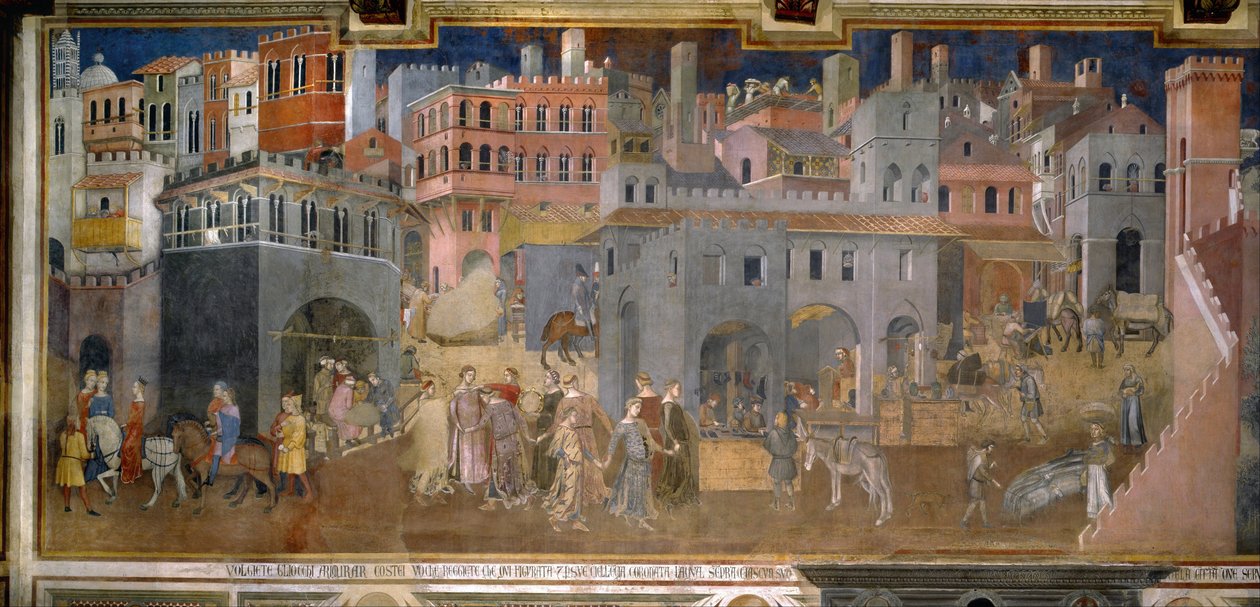"Effekterne af god og dårlig regering i by og land". Detaljer om byen. Fresco af Ambrogio Lorenzetti (1290-1348) af Ambrogio Lorenzetti