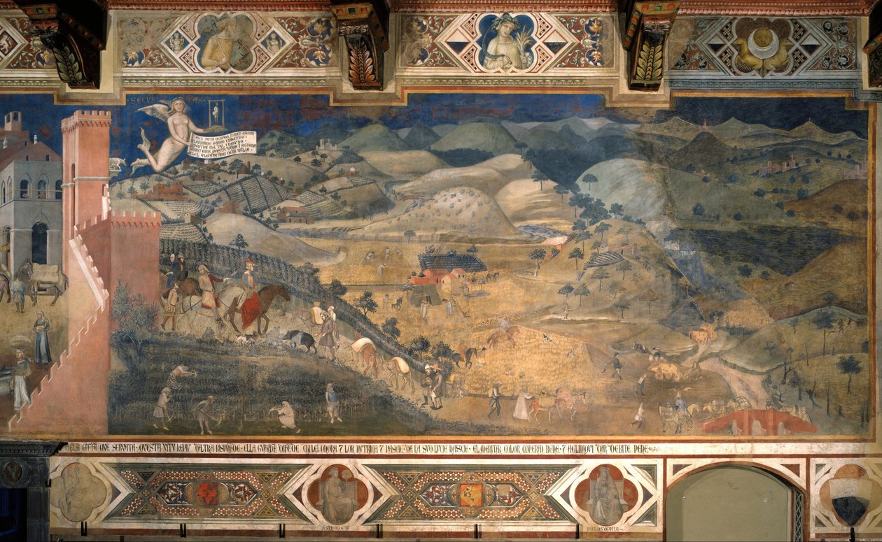 "Effekterne af god og dårlig regering i by og land". Detalje af virkningerne af god regering på landet. Maleri af Ambrogio Lorenzetti (1290-1348) 1338 - 1340. Fresco. Hall of the Nines, eller Hall of Peace, Palazzo Publico de Si af Ambrogio Lorenzetti