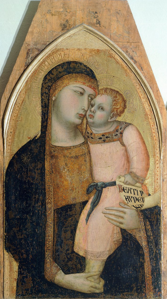 Madonna og barn, detalje fra Triptykon, der forestiller Madonna og barn med Maria Magdalena og Skt. Dorothea af Ambrogio Lorenzetti (1290-ca 1348), olie på træ af Ambrogio Lorenzetti