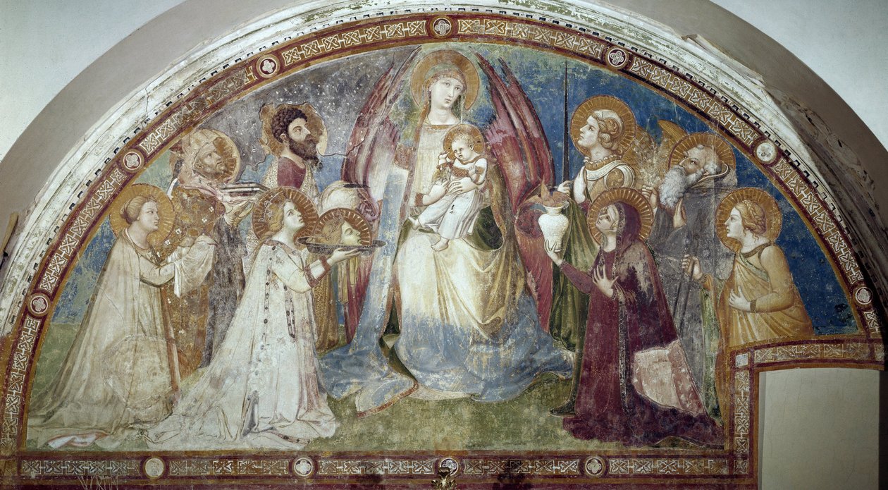 Maesta - Jomfruen og barnet, omgivet af helgener og ærkeenglen Michael (fresco af Ambrogio Lorenzetti