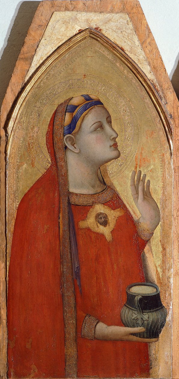 Mary Magdalene, detalje fra Triptykon, der forestiller Madonna og barn med Maria Magdalena og St. Dorothea af Ambrogio Lorenzetti (1290-ca 1348), olie på træ af Ambrogio Lorenzetti