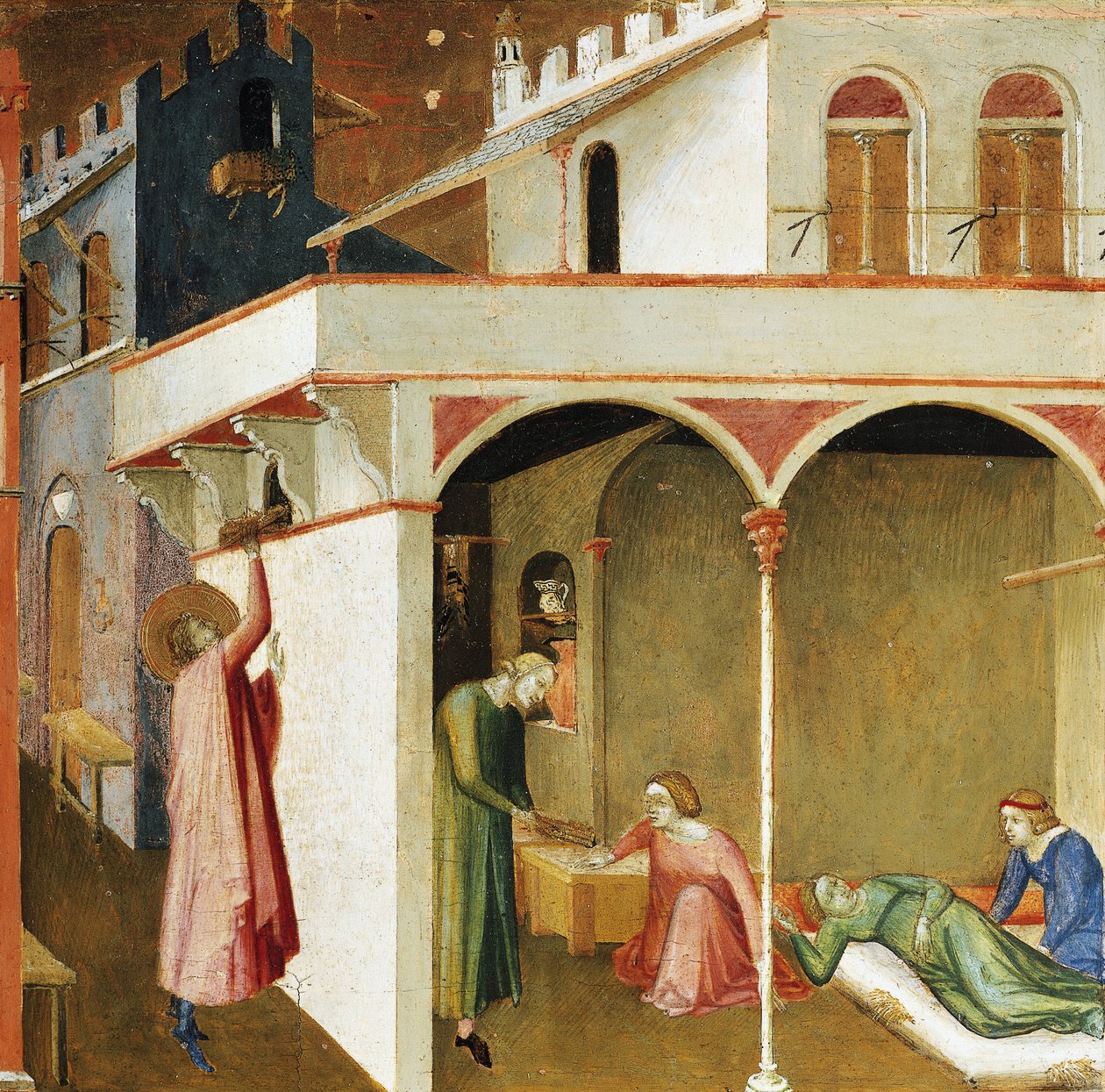 Nicolas smider penge i huset til tre unge piger for at undgå dem prostitution ved at give dem ægteskab. Scener fra St Nicholas