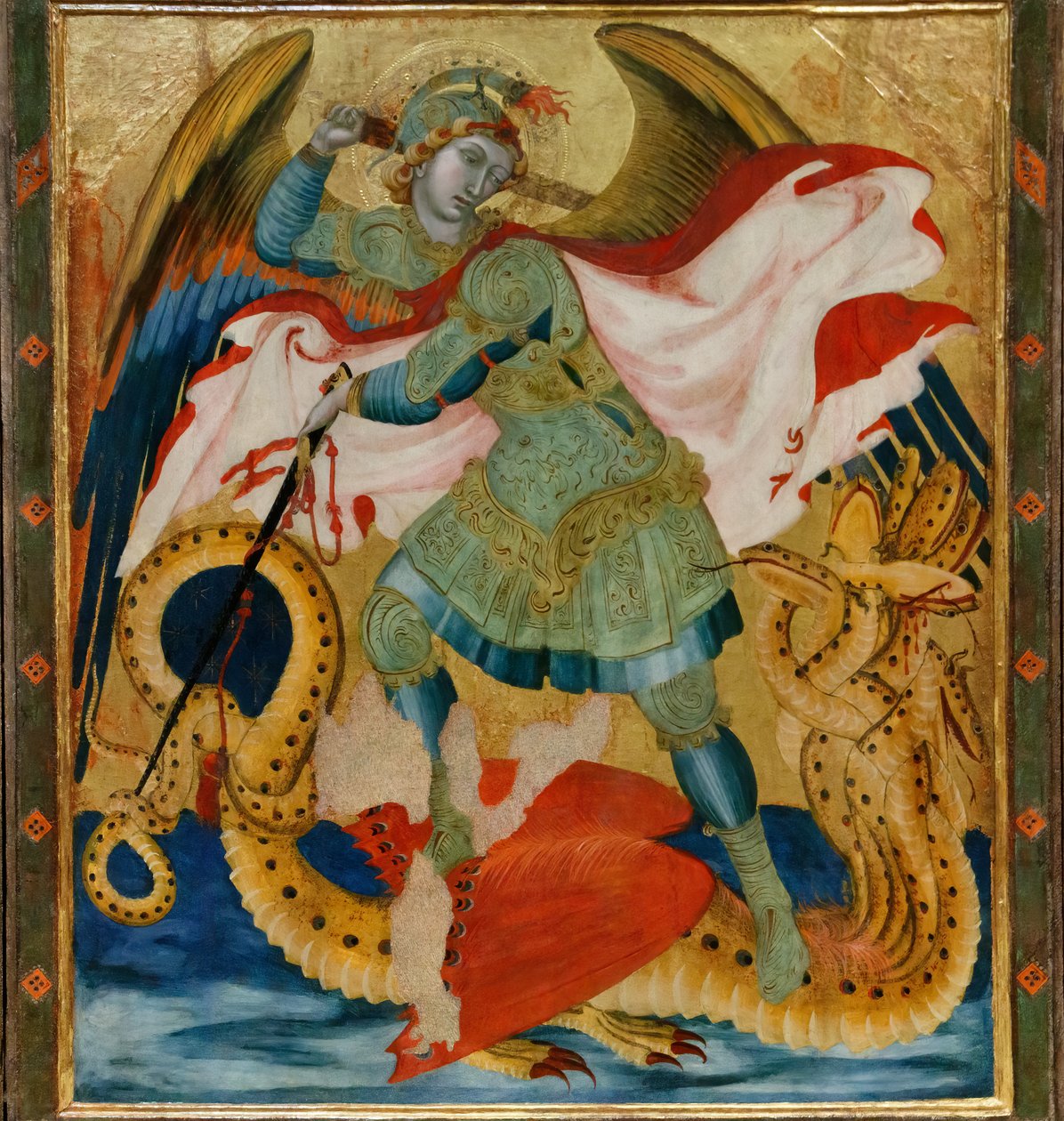 Ærkeenglen Sankt Michael dræber dragen mellem de hellige Benedikt og Bartholomæus (tempera på panel) af Ambrogio Lorenzetti