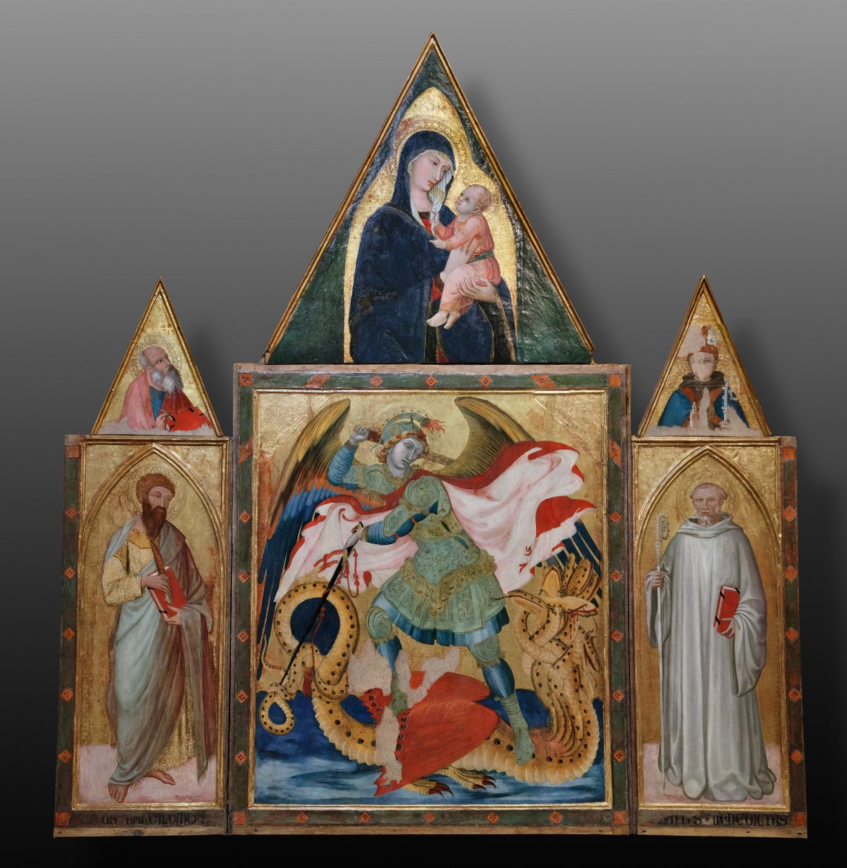 Ærkeenglen Sankt Michael dræber dragen mellem de hellige Benedikt og Bartholomæus (tempera på panel) af Ambrogio Lorenzetti