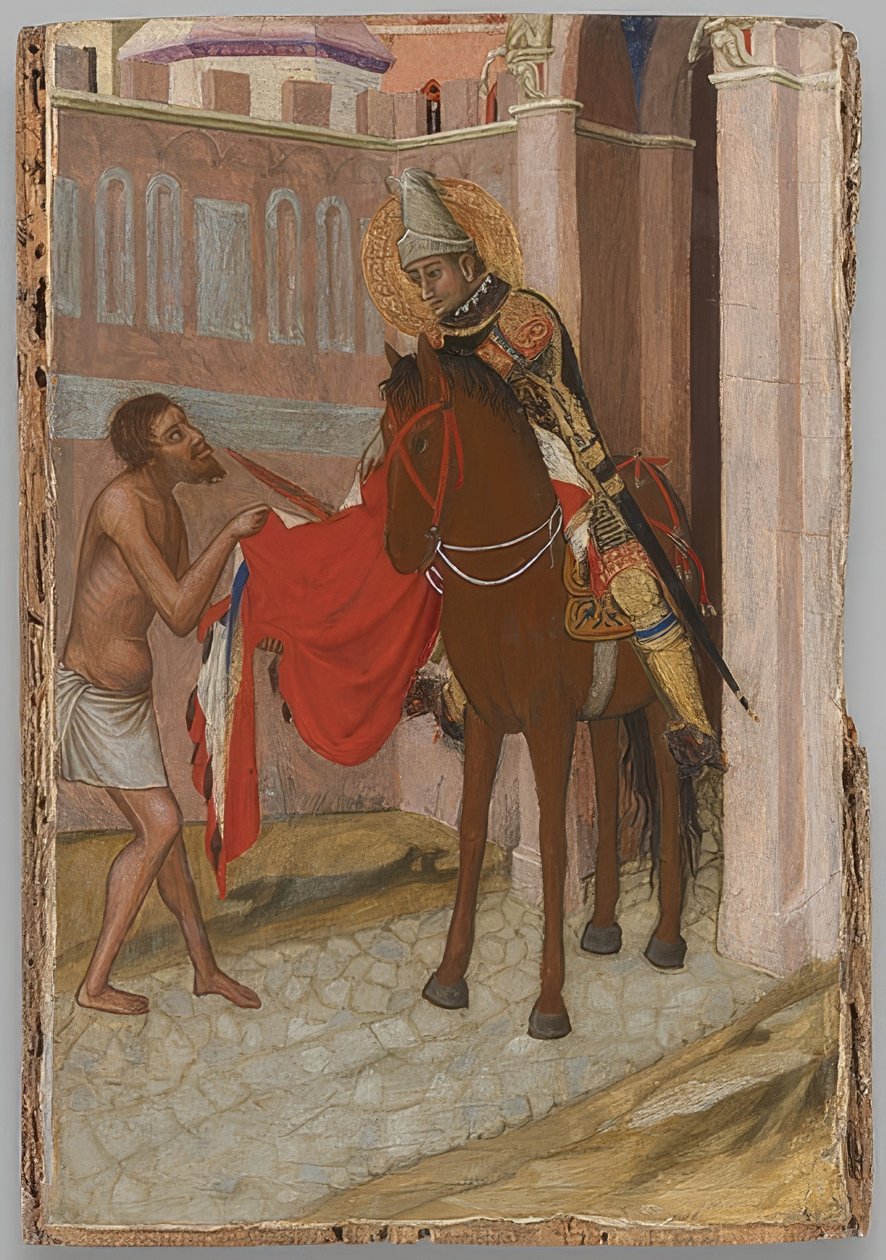 Sankt Martin af Tours deler sin kappe med en tigger. Omkring 1340 af Ambrogio Lorenzetti