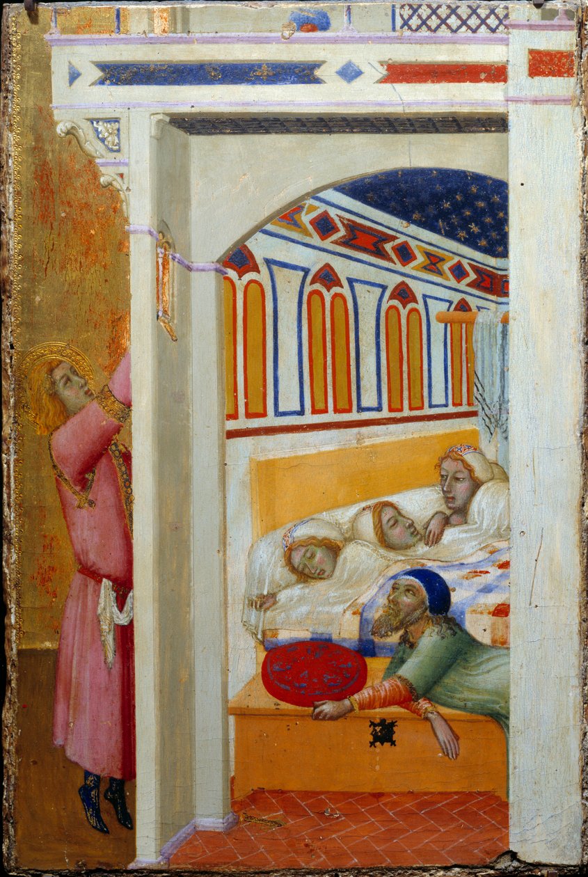 The Charity of St. Nicholas of Bari (eller St. Nicholas of Myra, 270-345). Da Nicolas erfarer, at en far ikke kan give sine tre små døtre en ægteskabsmedgift, kaster han penge gennem et vindue i løbet af natten. Maleri af Ambrogio Lorenzetti (v 1290 - 1 af Ambrogio Lorenzetti