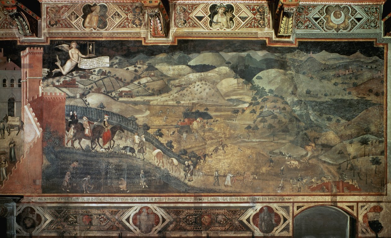 Landskabet (detalje af virkningerne af god regeringsførelse i byer og på landet) - Fresco af Ambrogio Lorenzetti (1285-1348?), 390x810 cm af Ambrogio Lorenzetti