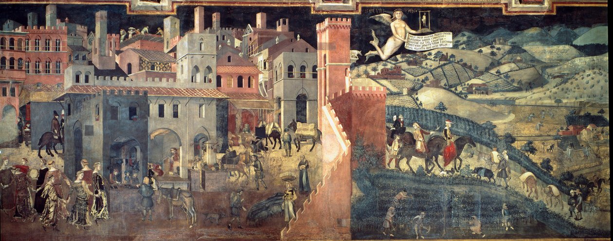 Virkningerne af god og dårlig regering på byen og landet. Detalje af byen. Fresco af Ambrogio Lorenzetti (1290-1348) af Ambrogio Lorenzetti