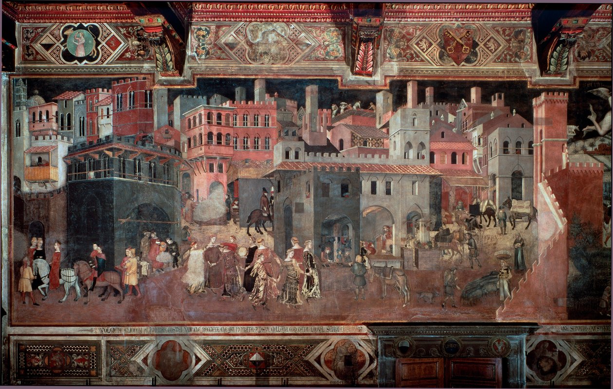 "Effekterne af god og dårlig regering på byen og landet." Detalje af byen. Fresco af Ambrogio Lorenzetti (1290-1348) af Ambrogio Lorenzetti