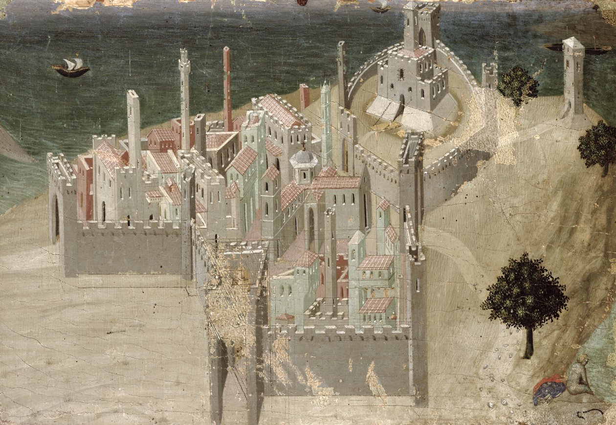 Udsigt over en kystby (olie på panel) af Ambrogio Lorenzetti