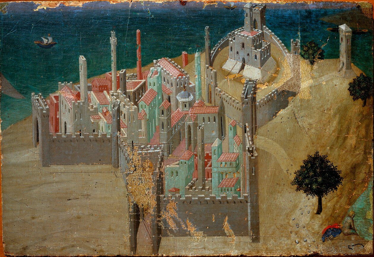 Udsigt over en befæstet by nær havet Detalje. Detrempe på træ af Ambrogio Lorenzetti af Ambrogio Lorenzetti