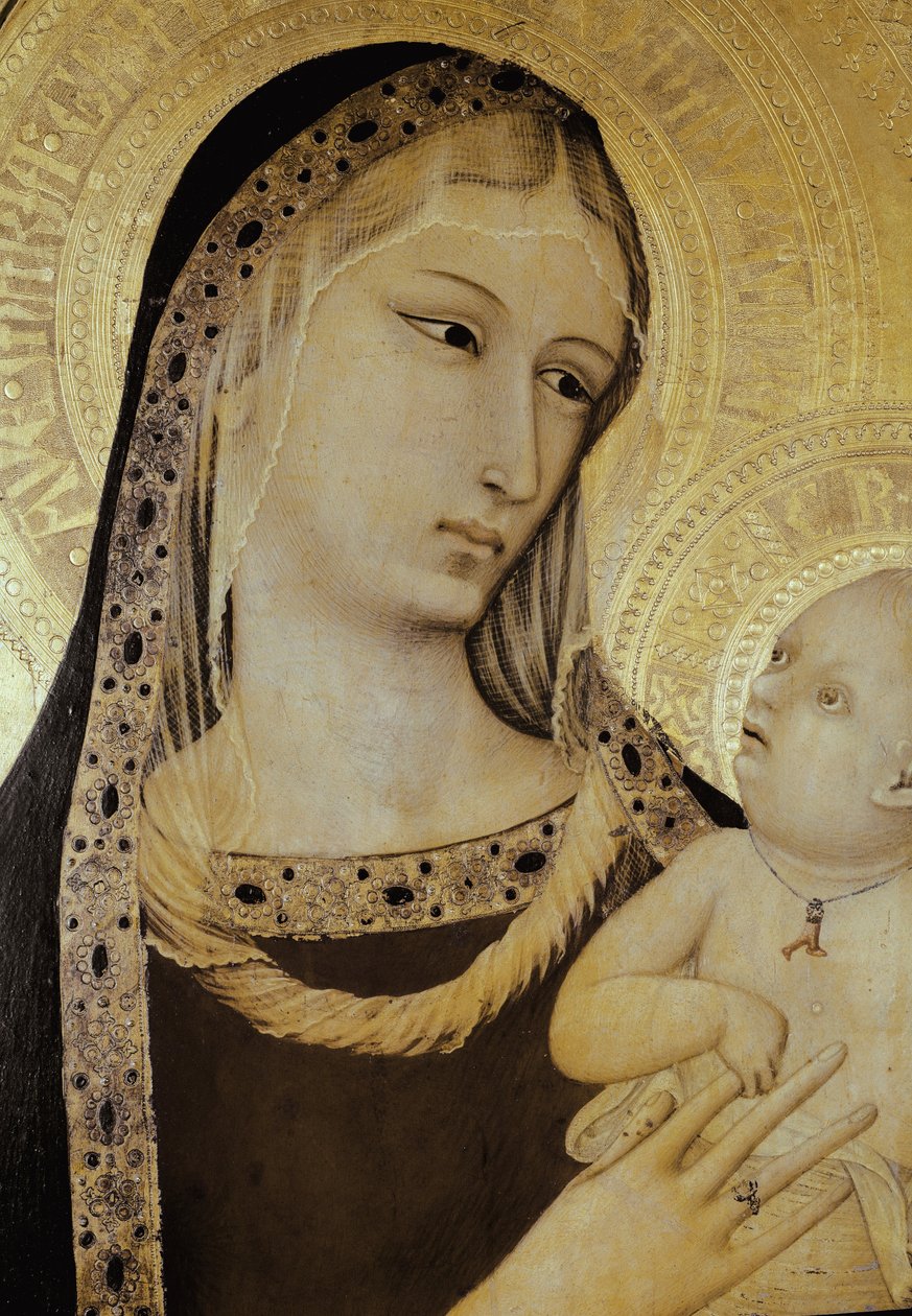 Jomfru og barn, detalje. Triptykon af Sankt Anklager (Tempera på træ af Ambrogio Lorenzetti