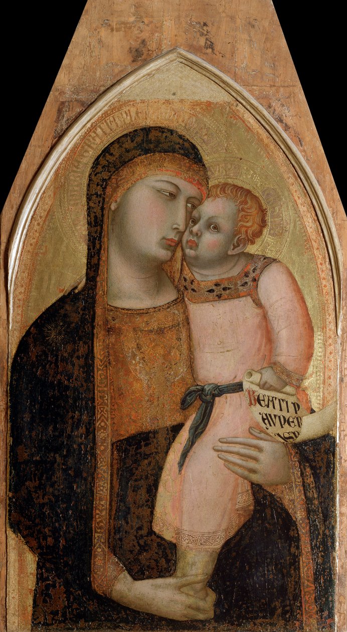 Jomfru med barn (polytykonens centrale panel) - tempera og guld på panel af Ambrogio Lorenzetti