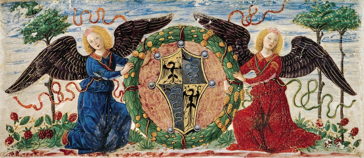 Engle holder skjold, der forestiller Sforza-våbenskjold, Bourgogne minipergament af Ambrogio da Fossano (c.1460 1523)