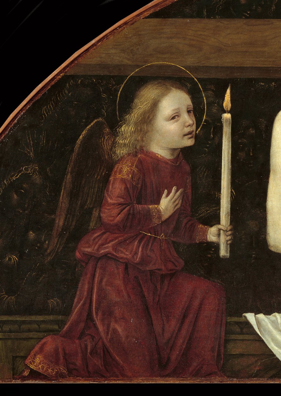 Kristus i Piete omgivet af to engle Detalje, der forestiller en engel, der holder et lys af Ambrogio da Fossano (c.1460 1523)