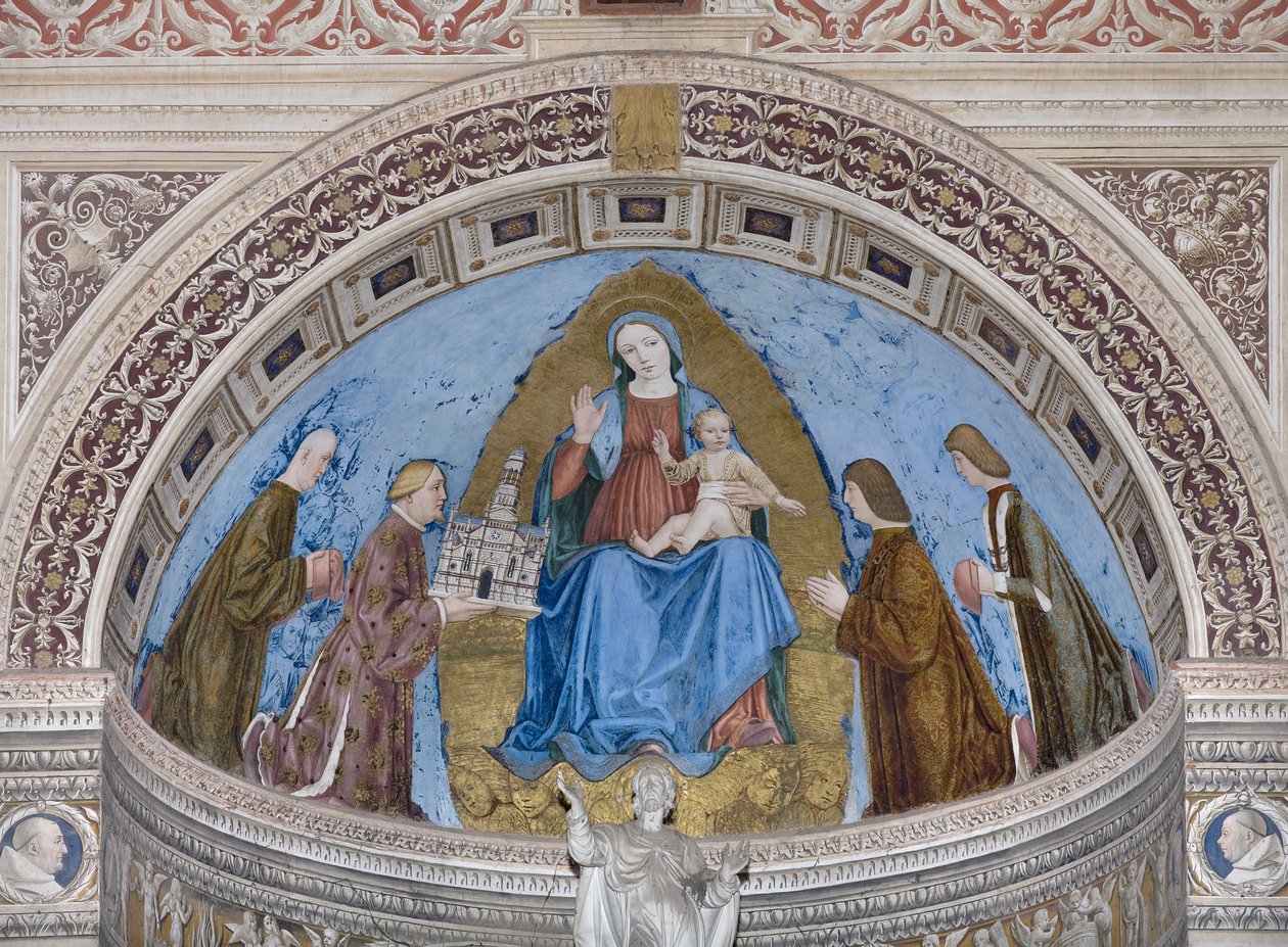 Gian Galeazzo Visconti og hans børn Filippo Maria, Giovanni Maria og Gabriele Maria præsenterer modellen af ​​Certosaen til Jomfru Maria og barnet (fresco) af Ambrogio da Fossano (c.1460 1523)