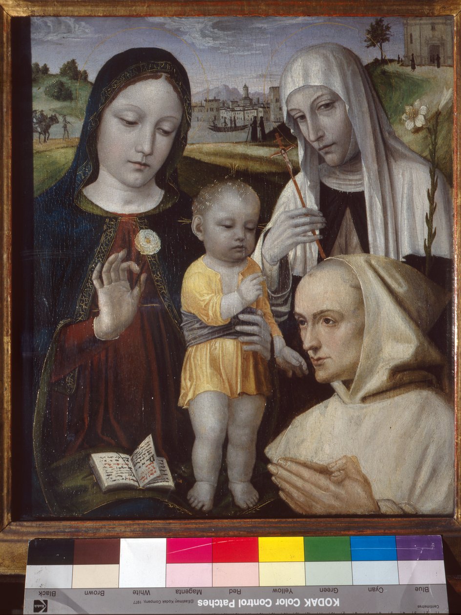 Madonna og barn, den hellige Katarina af Siena og en karteusisk munk af Ambrogio da Fossano (c.1460 1523)