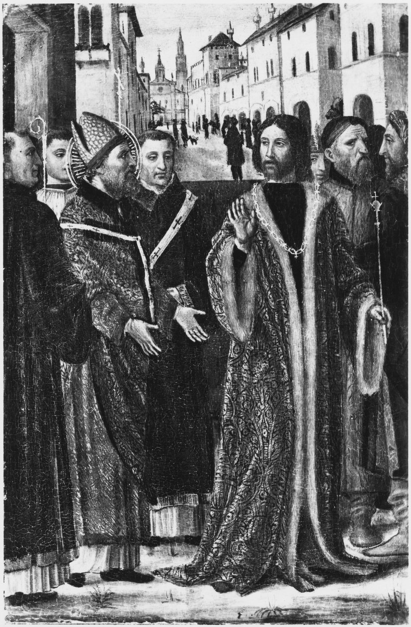 Ambrosius nægter den romerske kejser Theodosius I den Store adgang til kirken i Milano (fresko) (s/h foto) af Ambrogio da Fossano (c.1460 1523)